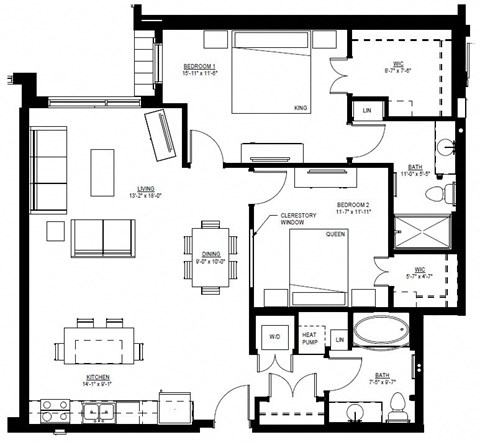 Floor plan for 2 beds, 2 baths, 1216 sqft